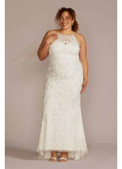 Allover Beaded High Neck Plus Size Wedding Dress - Allover hand-beaded glass beads elevate the simple sheath